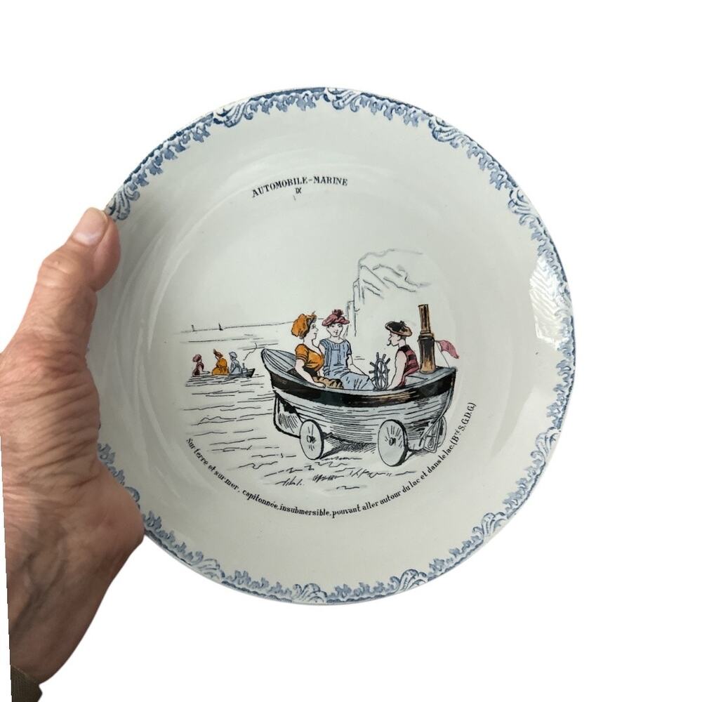 Vintage 19th C French Faïence Plate MBCM Montereau Cars of the Future Rare